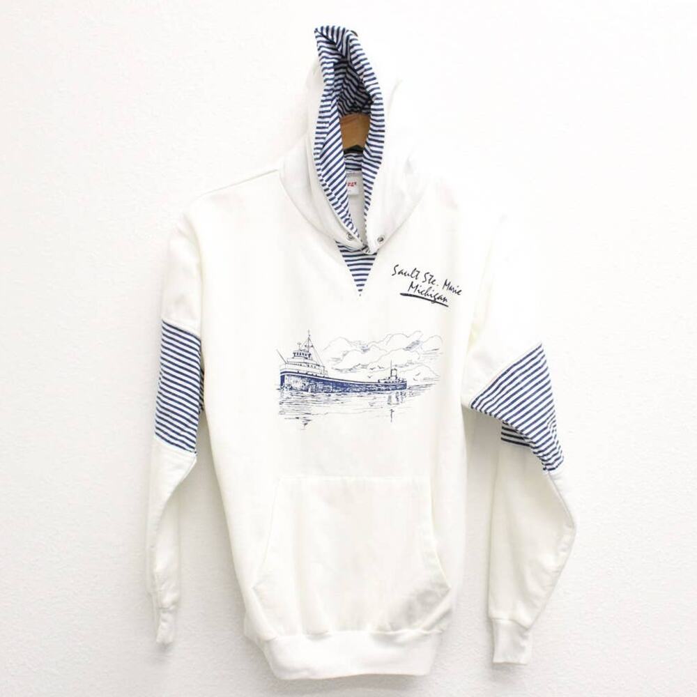 Vintage 80s Sault Ste Marie Michigan White Souvenir Hoodie Men’s Medium